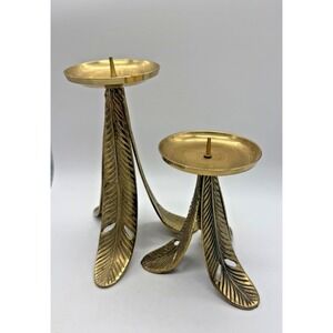 Vintage NN Brass Feather Candle Holders Pair Gold Tone Pedestal Table Decor
